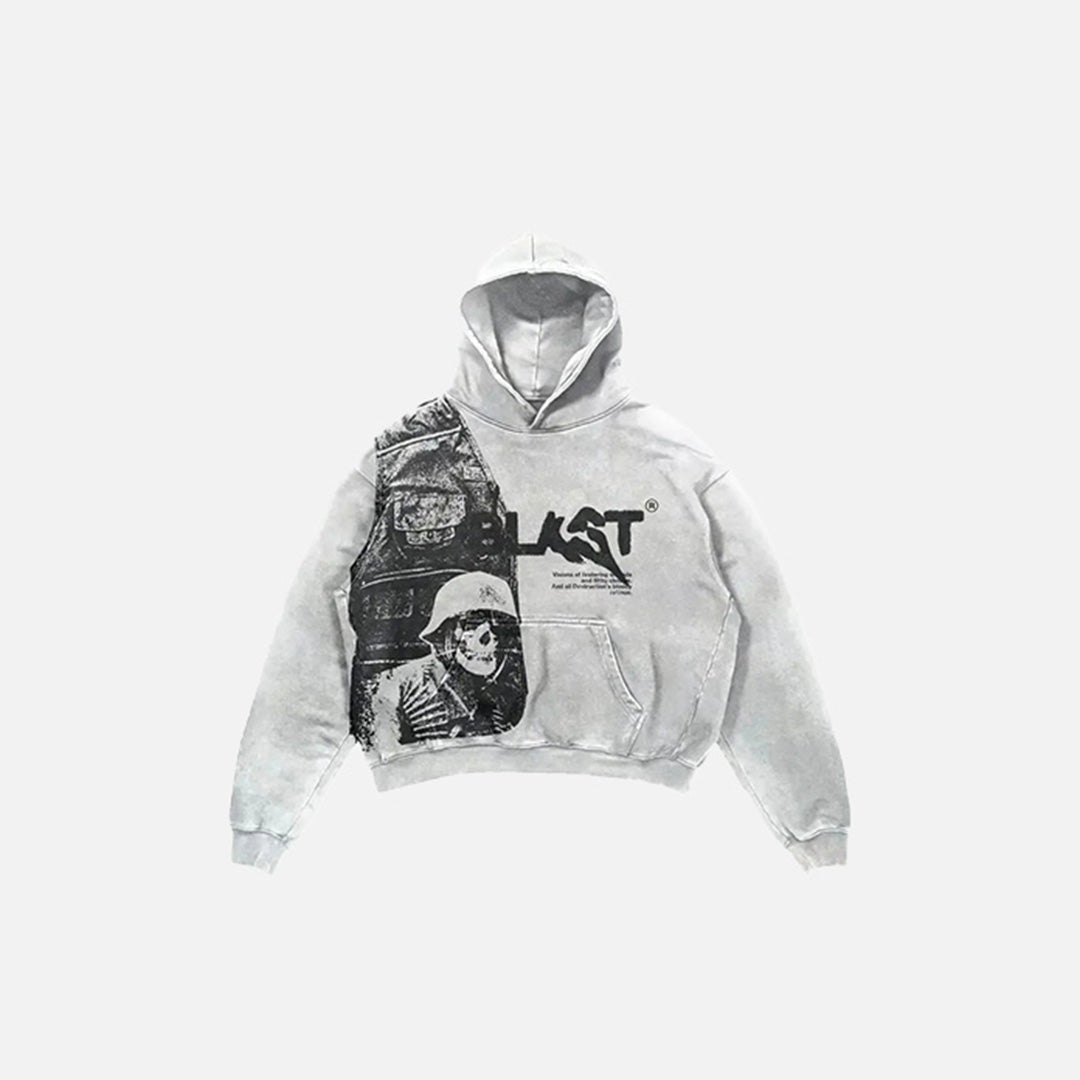 Front view of the grey Vintage Graphic Print Hoodie in a gray background