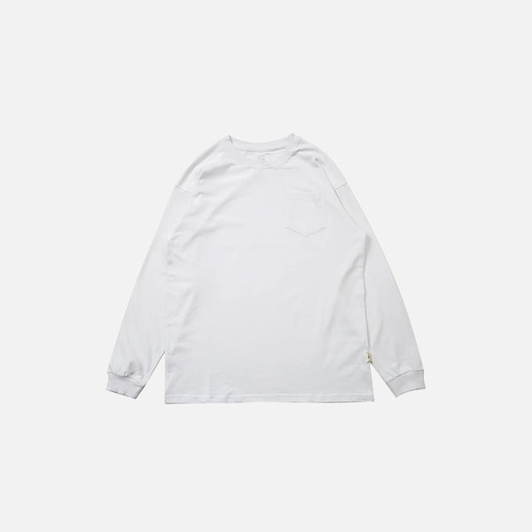 Front view of the white Versatile Basic Long Sleeve T-shirt in a gray background