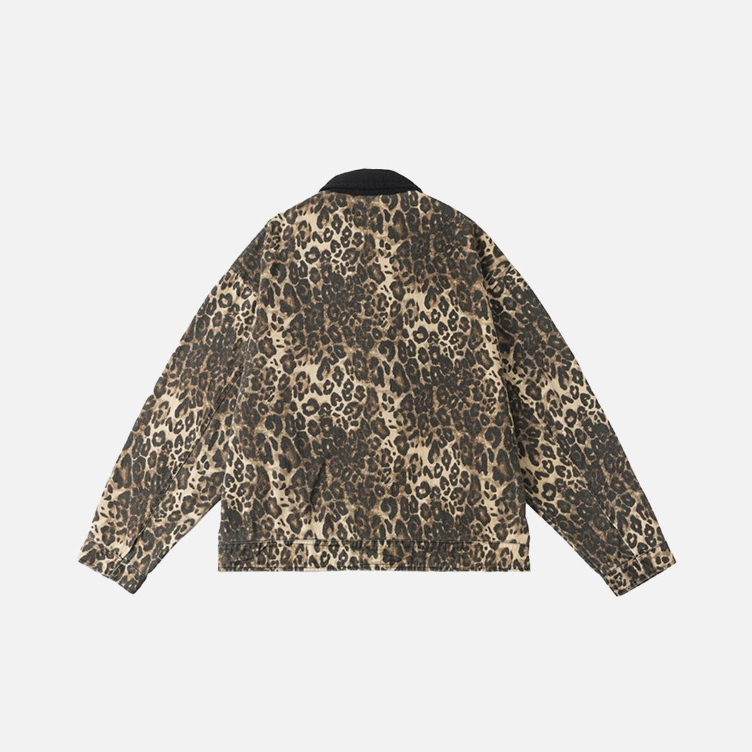 Back view of the leopard Fierce Pattern Bomber Jacket in a gray background