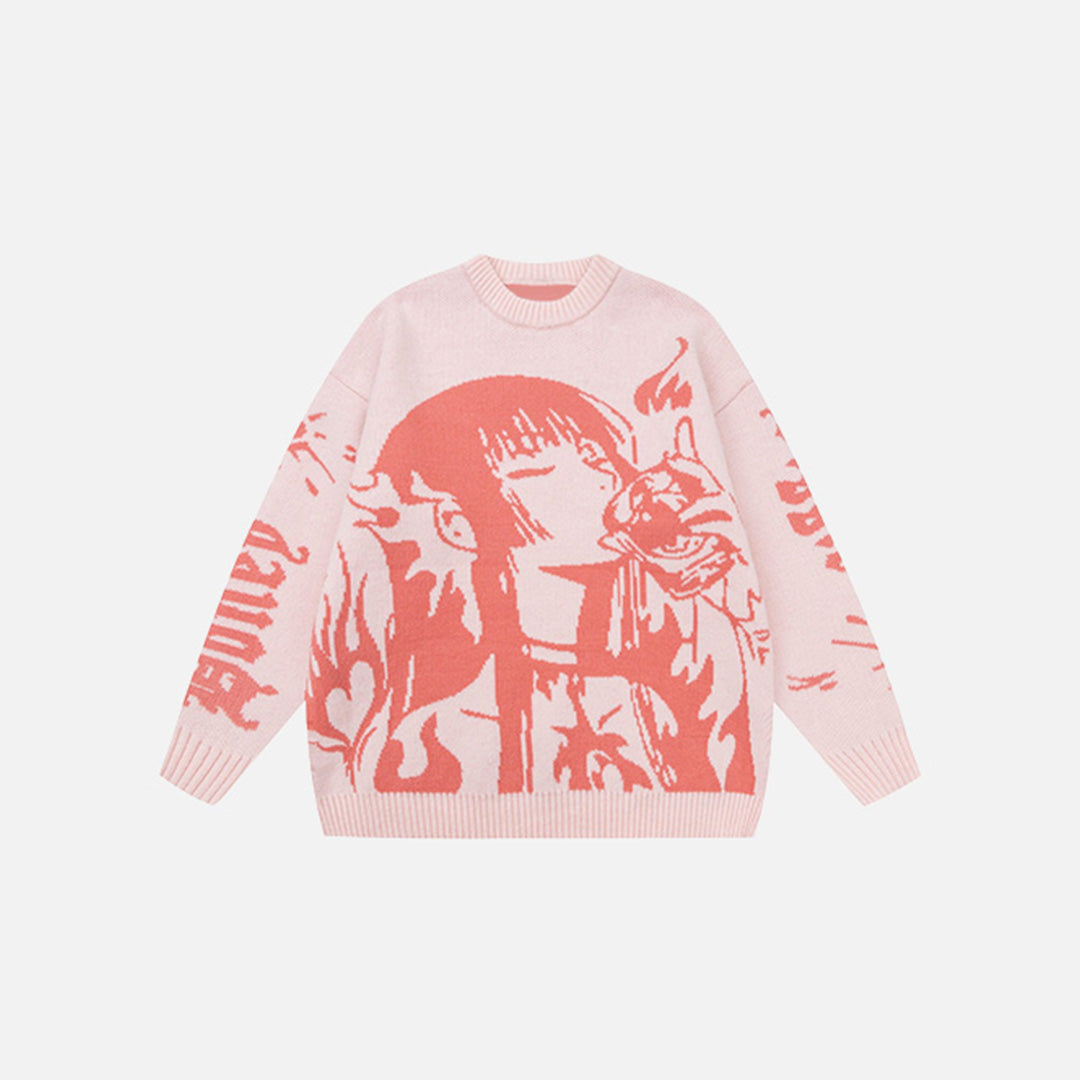 Front view of the pink Manga Flame 01 Sweater in a gray background