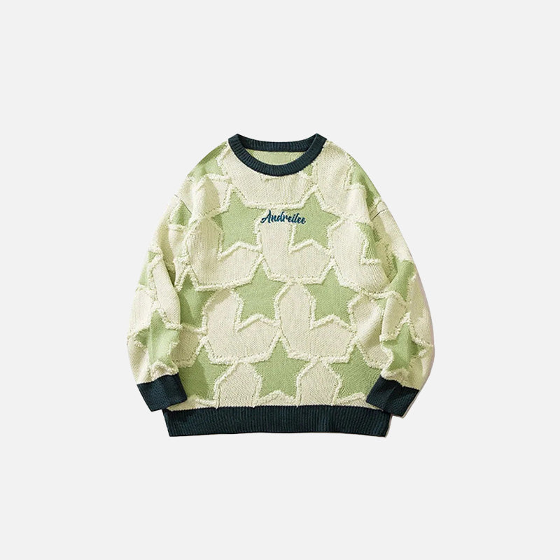 Front view of the green Y2K Stellar Knit Sweater in a gray background