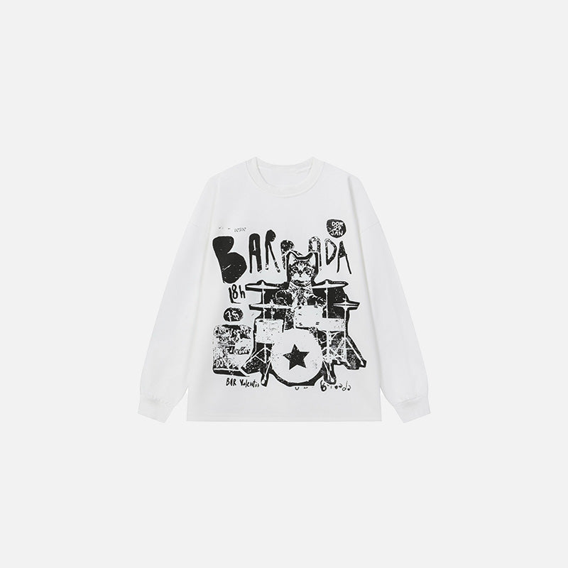 Front view of the white Rockstar Drummer Sweater in a gray background