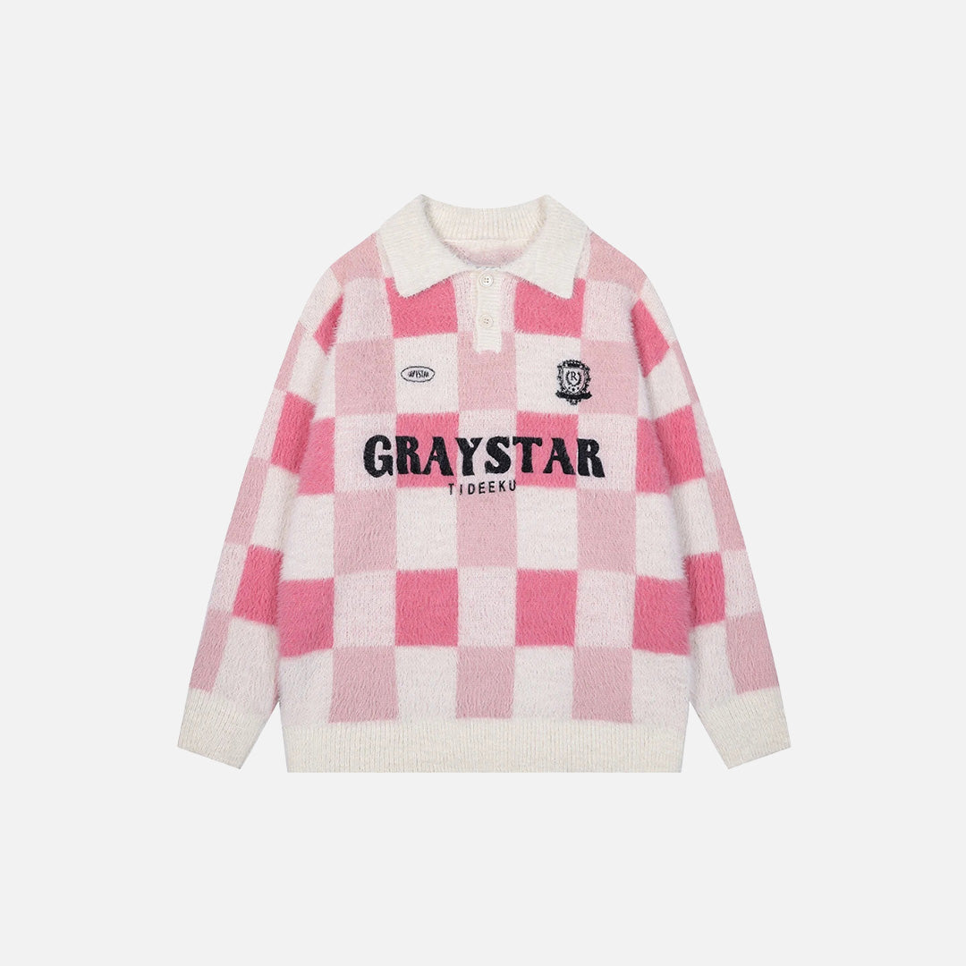 Front view of the pink Y2K Graystar Grid Sweater in a gray background