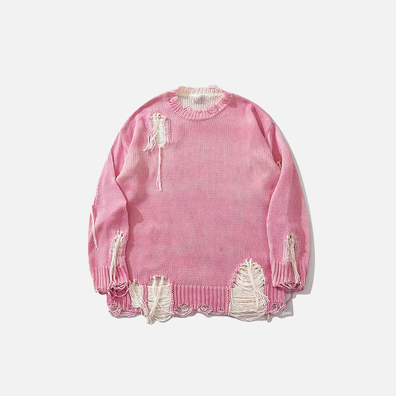 Front view of the pink Y2K Ripped Loose Sweater in a gray background