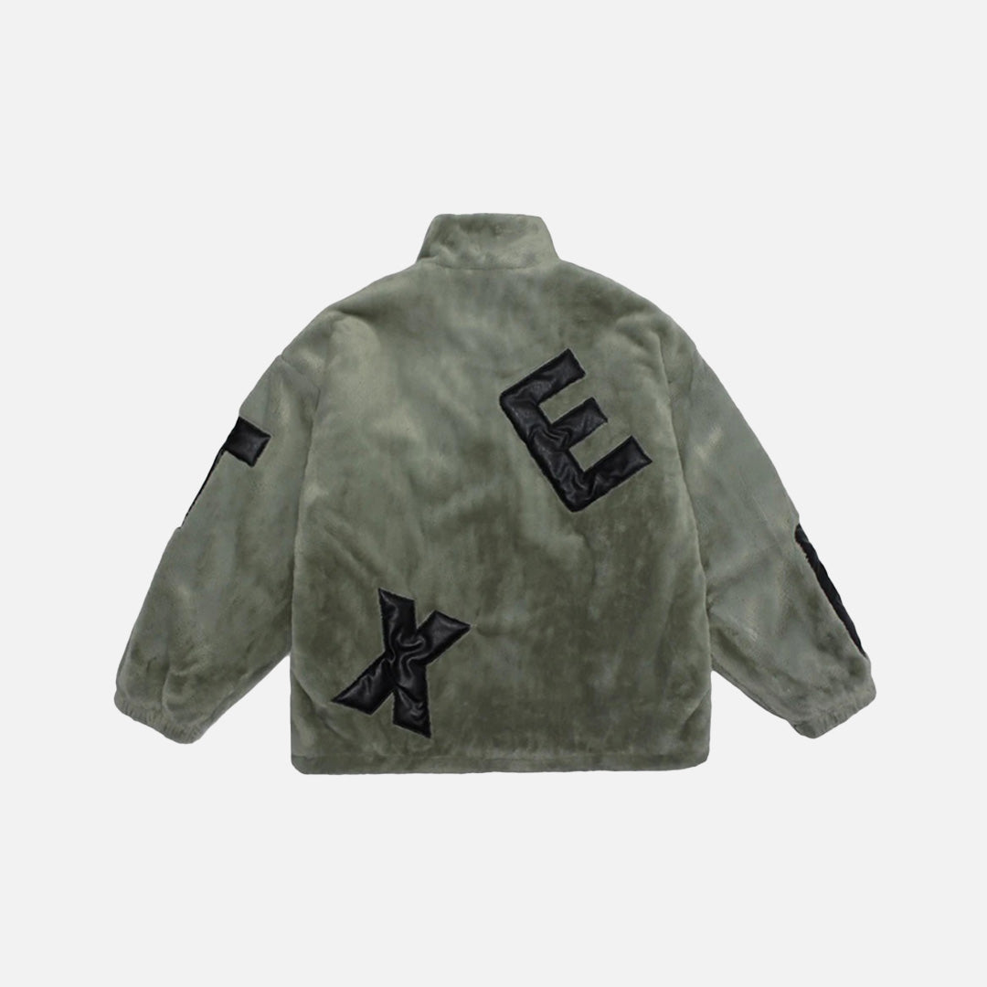 Back view of the green Cozy Letter Patch Fleece Jacket in a gray background