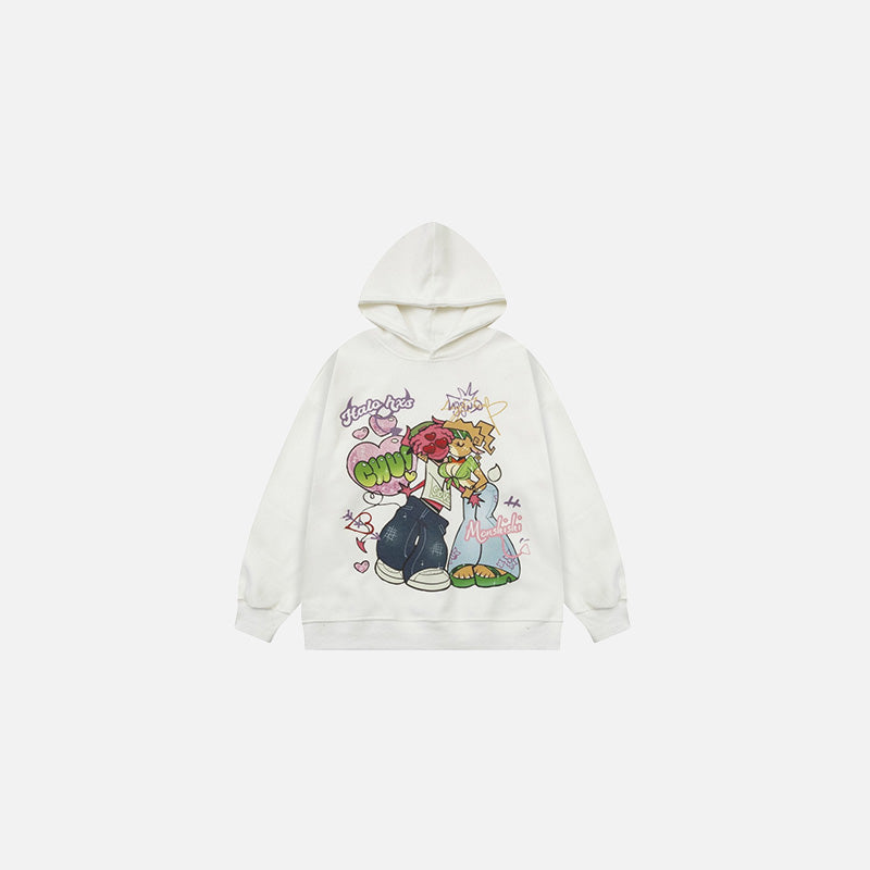 Front view of the white Retro Romance Graffiti Hoodie in a gray background