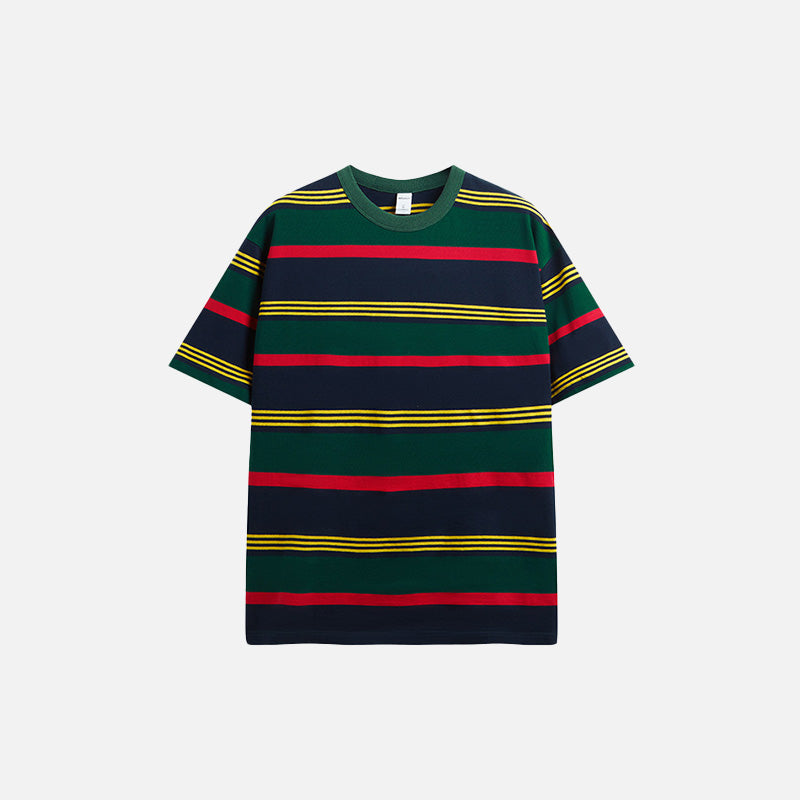 Front view of the green Loose Striped Contrast T-shirt in a gray background