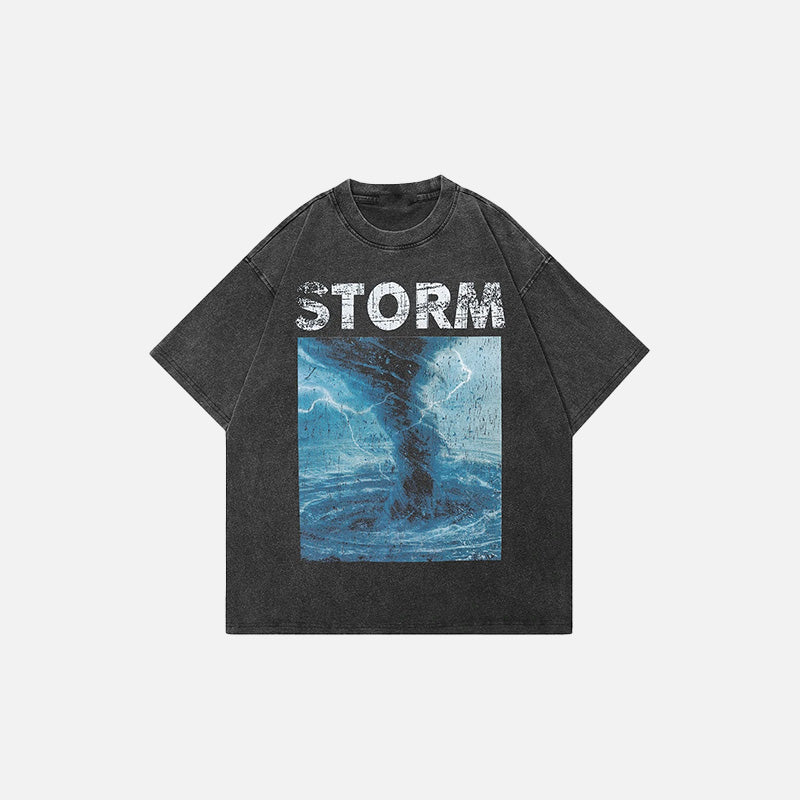 Front view of the black Vintage Washed Graphic Storm T-shirt in a gray background