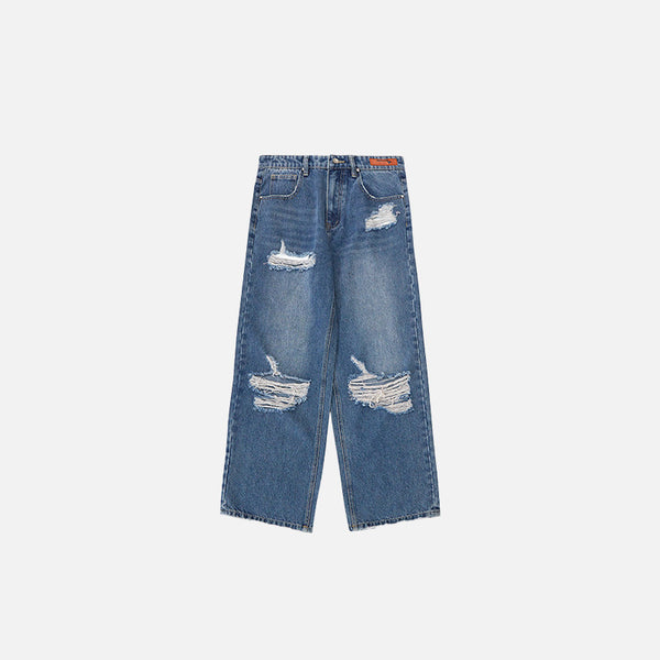 Front view of the blue Loose Denim Ripped Washed Jeans in a gray background 