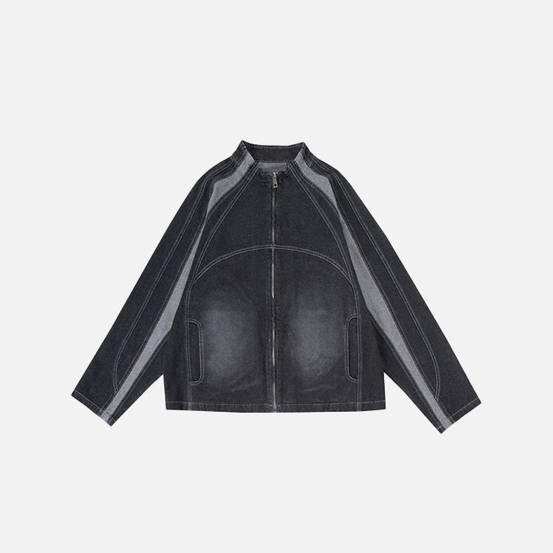 Front view of the black Denim Racer Jacket in a gray background