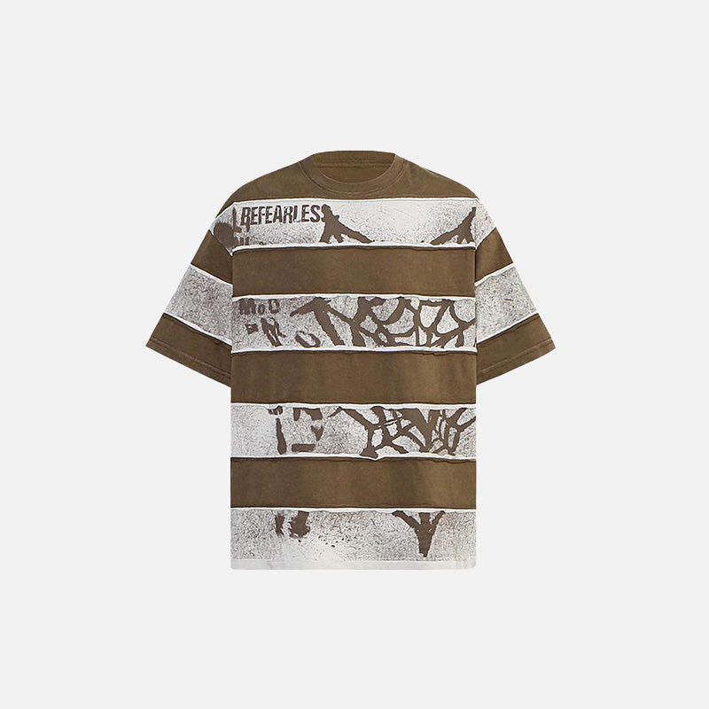 Front view of the brown Loose Shadows Stripes T-shirt in a gray background