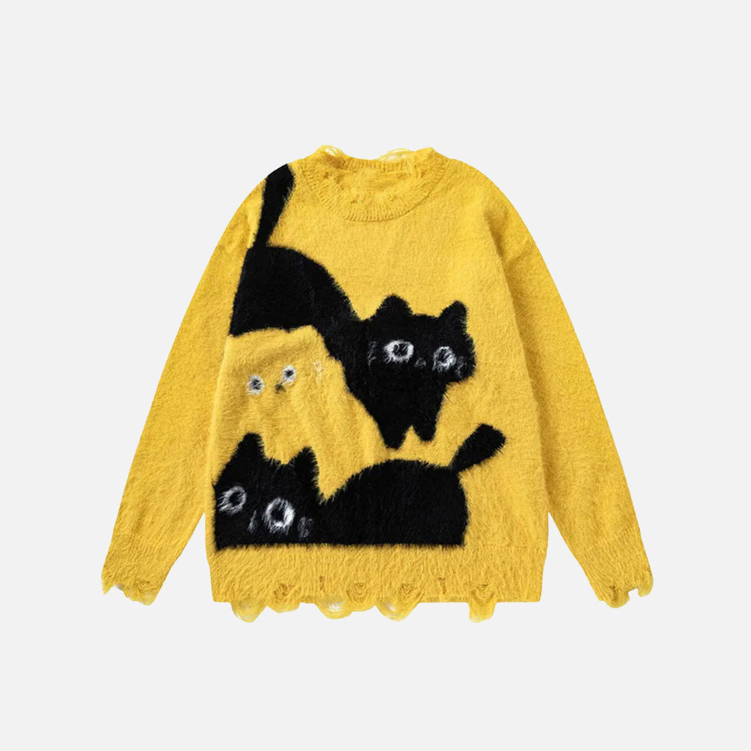 Front view of the yellow Black Cat Sweater in a gray background