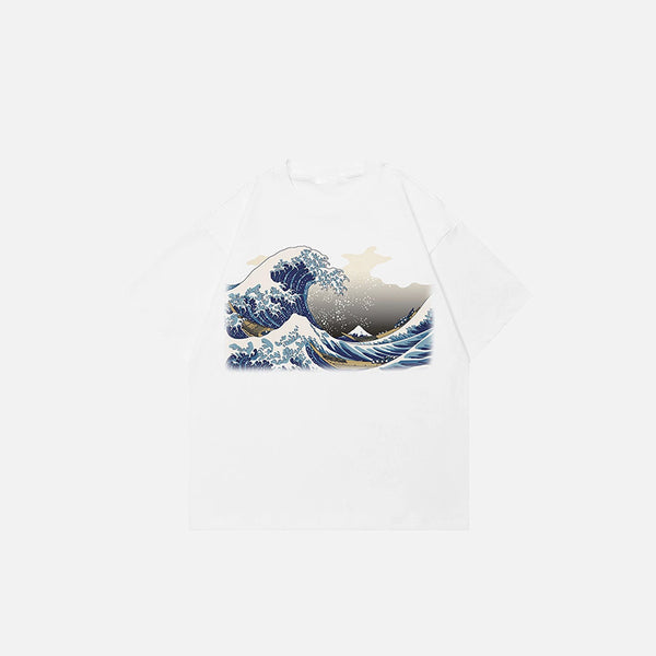 Front view of the white Japanese Great Wave Graphic T-Shirt in a gray background 