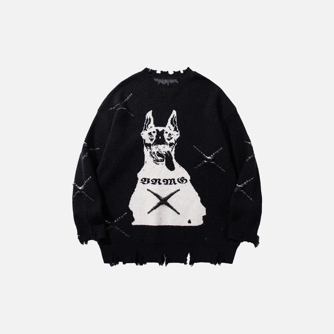 Front view of the black Dog's Defiance Sweater in a gray background