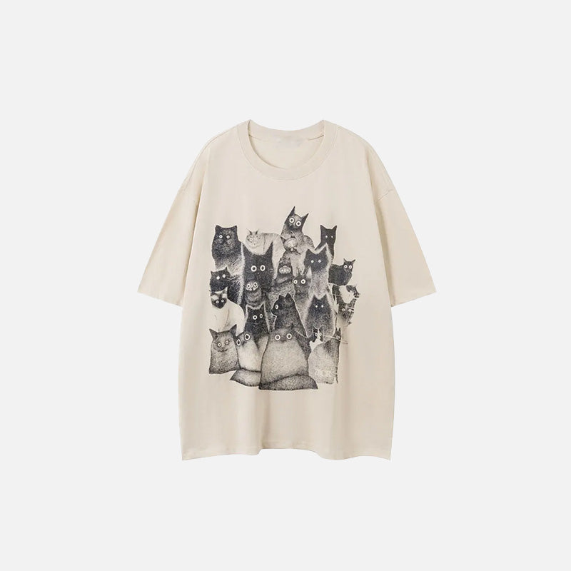 Front view of the beige Staring Cats Graphic Loose T-shirt  in a gray background