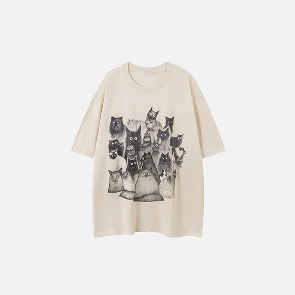 Front view of the beige Staring Cats Graphic Loose T-shirt  in a gray background