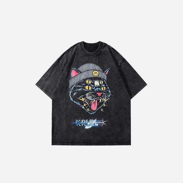 Front view of the black Cosmic Cool Cat T-shirt in a gray background