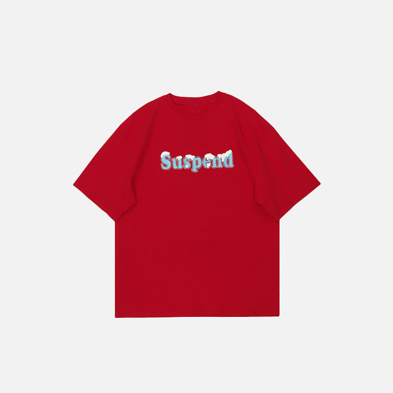 Front view of the red "Suspend" Cold Letter Print T-Shirt in a gray background 