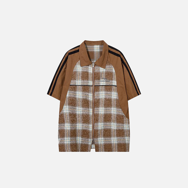 Front view of the brown Patchwork Plaid Splicing Color Shirt in a gray background