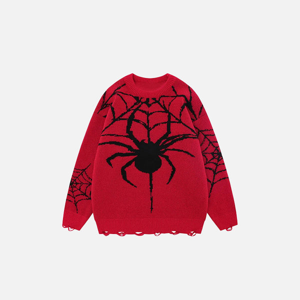 Front view of the red Y2K Web Weaver Sweater in a gray background