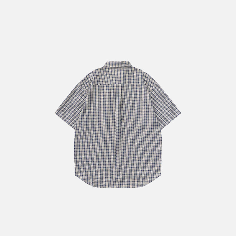 Back view of the black Plaid Reversible short Sleeve Shirt in a gray background