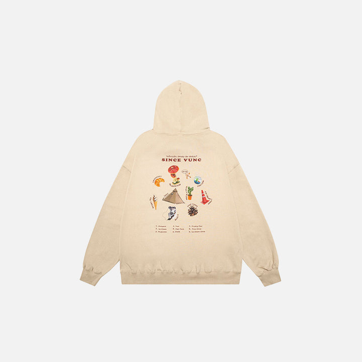 Back view of the beige Loose Fleece Hoodie With Random Prints in a gray background 
