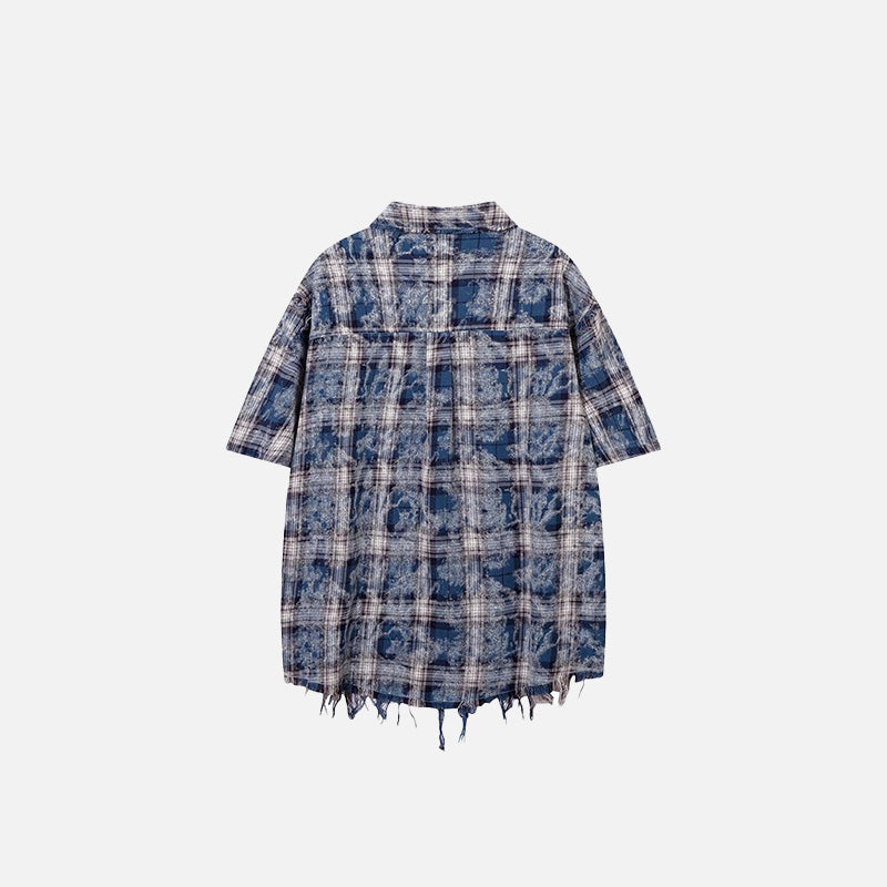 Back view of the blue Vintage Plaid Ripped Shirt in a gray background 