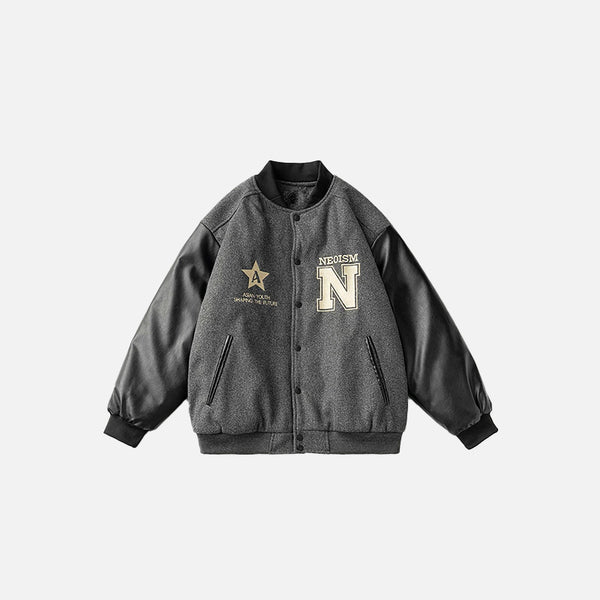 Front view of the dark grey Neoism Varsity Jacket in a gray background