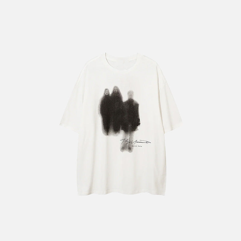 Front view of the white Blurring Shadow Print T-shirt in a gray background