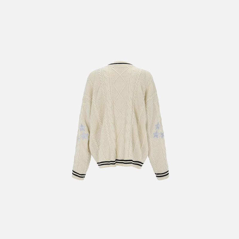 Back view of the beige Vintage Cable-Knit Sweater in a gray background