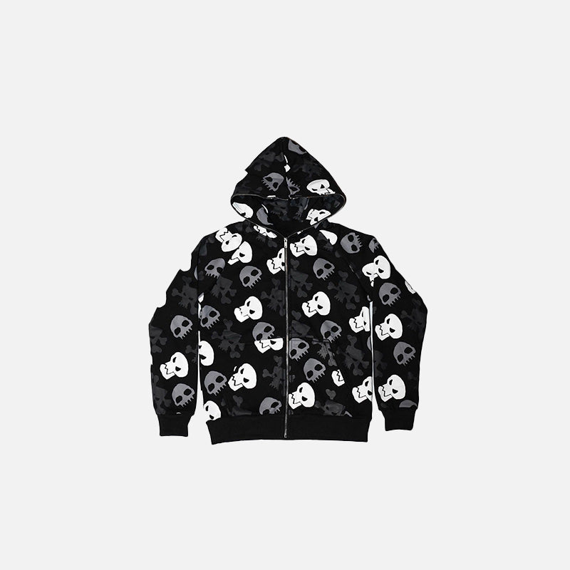 Front view of the black Skull Repeat Hoodie in a gray background