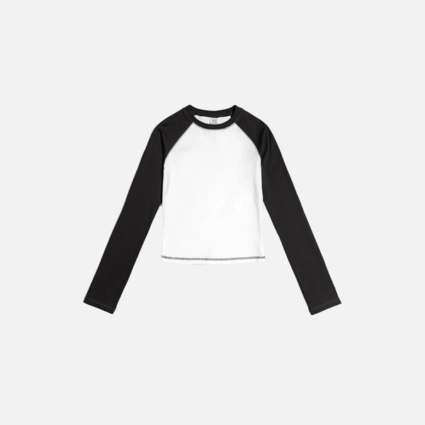 Front view of the black & white  Color Contrast Long Sleeve Women's T-shirt  in a gray background