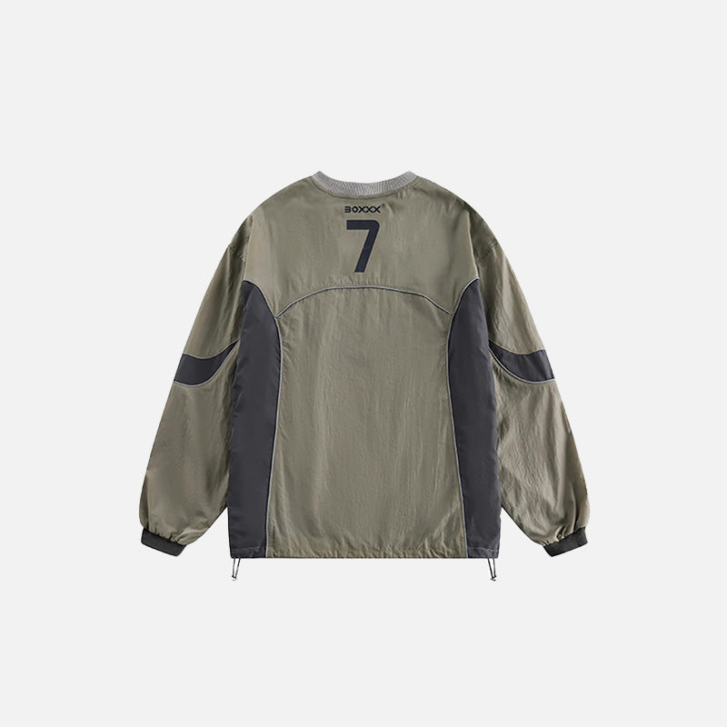 Back view of the army green Oversized Loose Patchwork T-shirt in a gray background