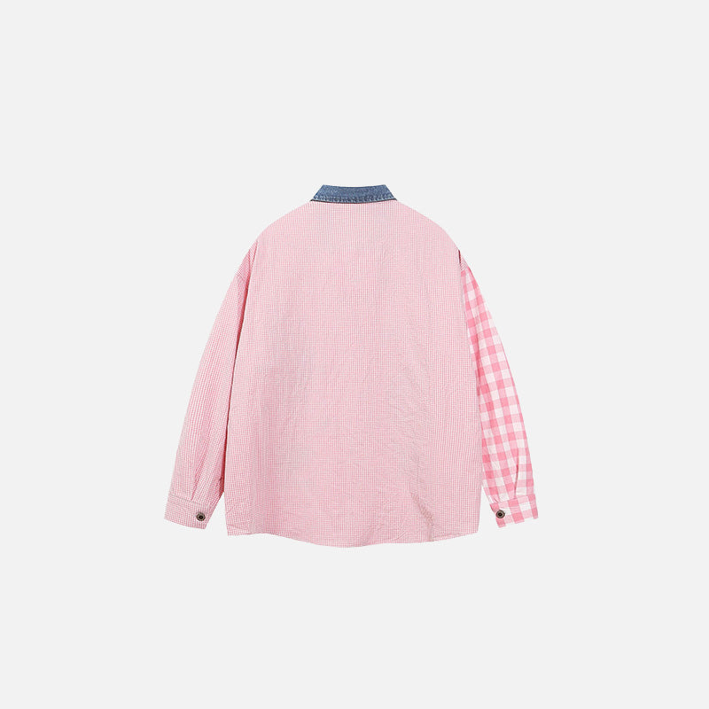 Back view of the pink Playful Pals Patchwork Shirt in a gray background