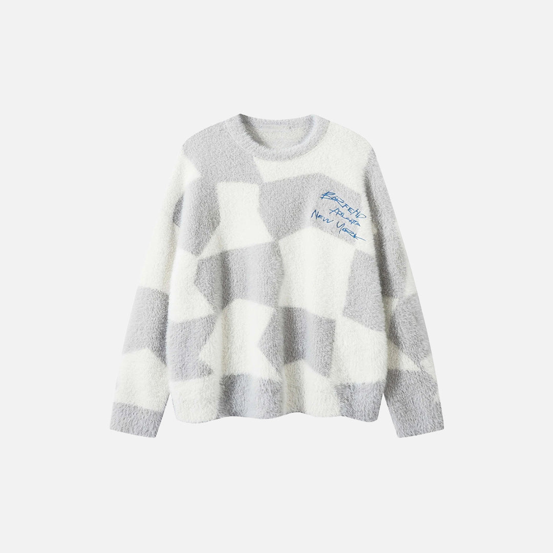 Front vew of the beige Y2K Abstract Grid Knitted Sweater in a gray background