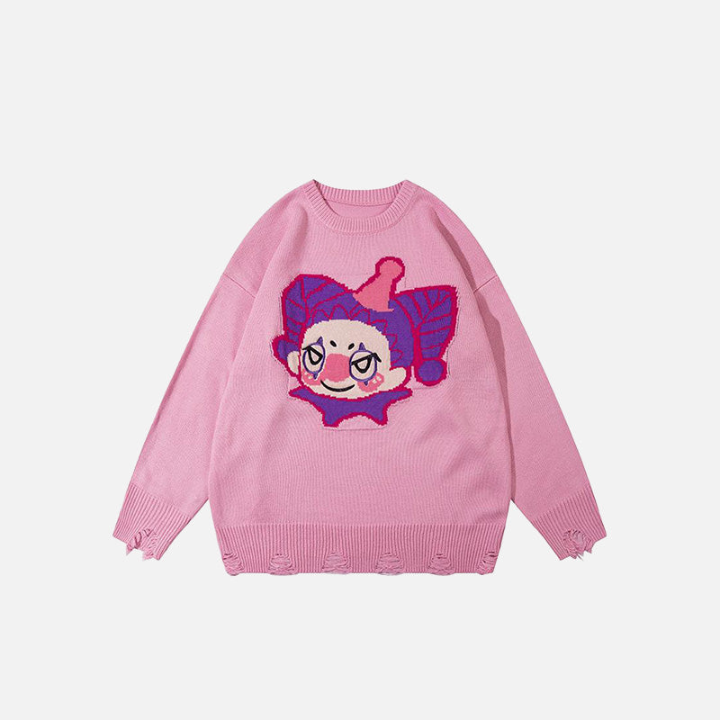 Front view of the pink Loose Clown Pattern Sweater in a gray background