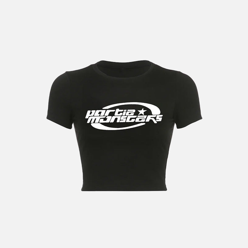 Front view of the black Y2k Women's Crop Top T-Shirt in a gray background