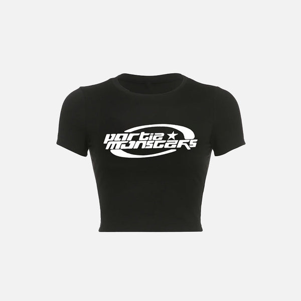 Front view of the black Y2k Women's Crop Top T-Shirt in a gray background