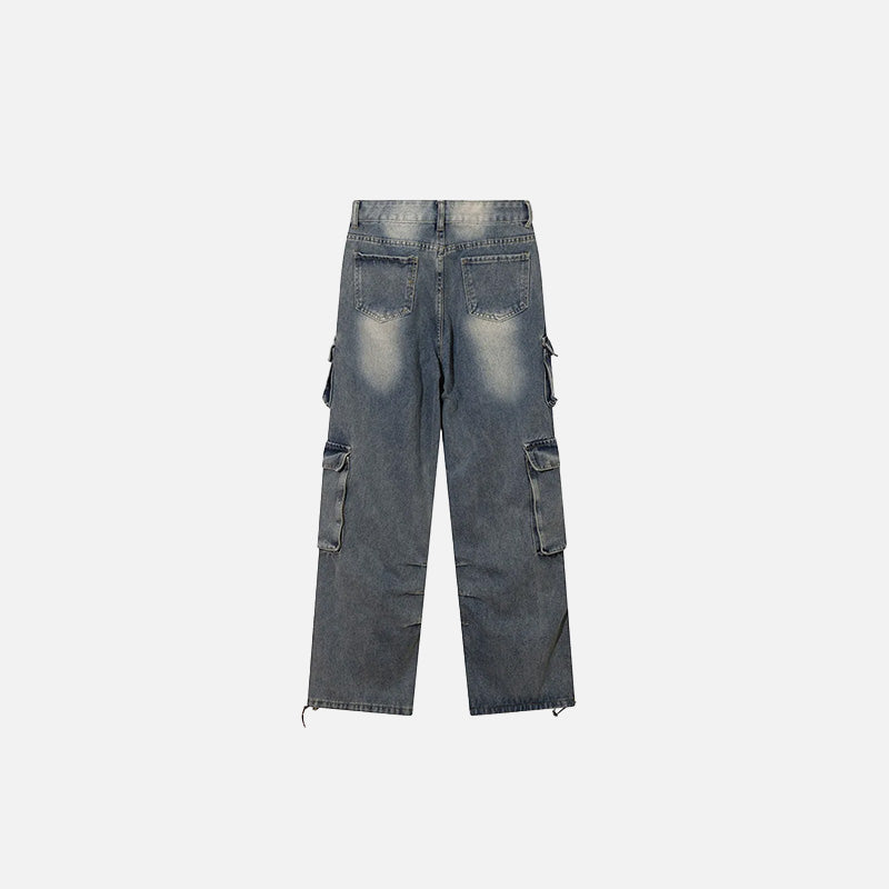 Back view of the blue Y2K Baggy Multi Pocket Pants in a gray background