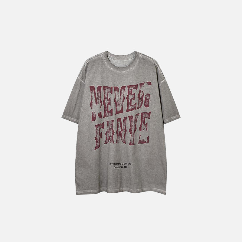 Front view of the gray Letter Printed Washed Loose T-Shirt in a gray background 