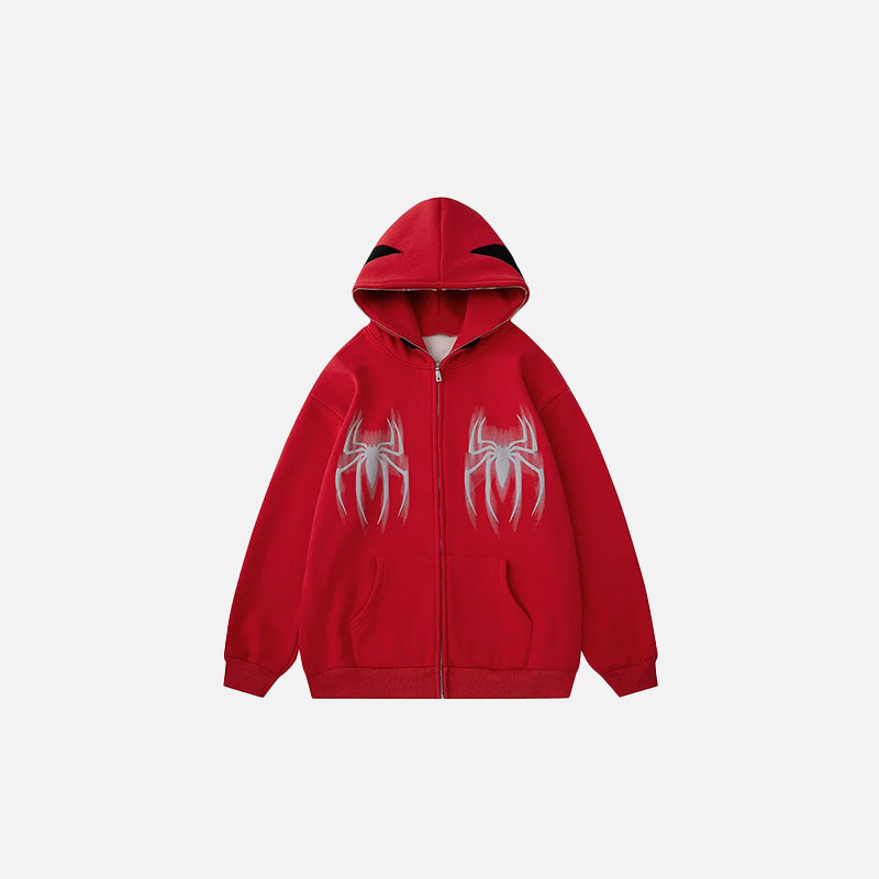 Front view of the red Y2k Gothic Web Zip-Up Hoodie in a gray background