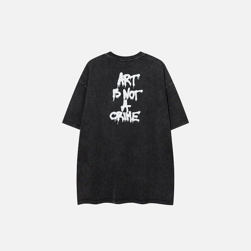 Back view of the black Art Is Not A Crime T-shirt in a gray background 