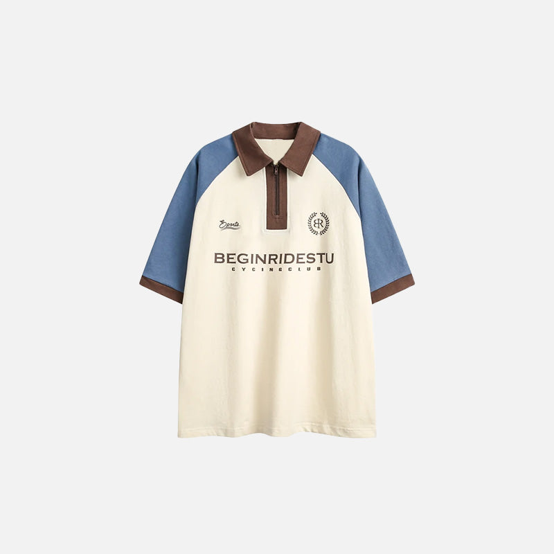 Front view of the beige Loose Patchwork Polo T-shirt in a gray background