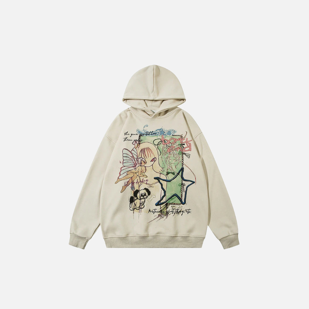 Front view of the beige Abstract Fantasy Hoodie in a gray background