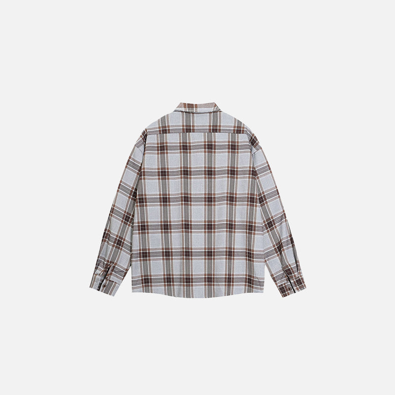 Back view of the grey Embroidered Plaid Shirt in a gray background