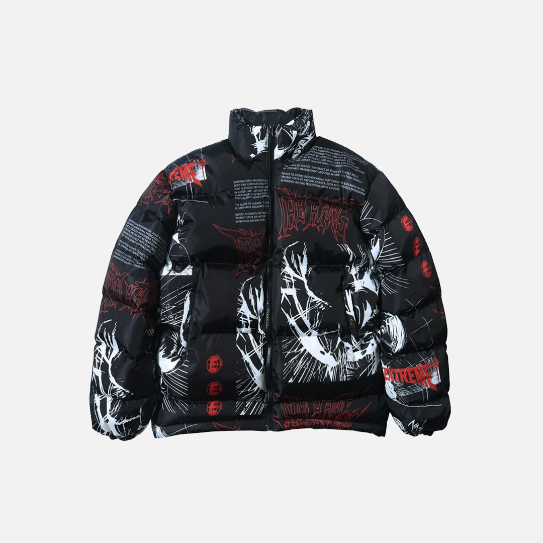 Front view of the black Chaos Graphic Puffer Jacket in a gray background