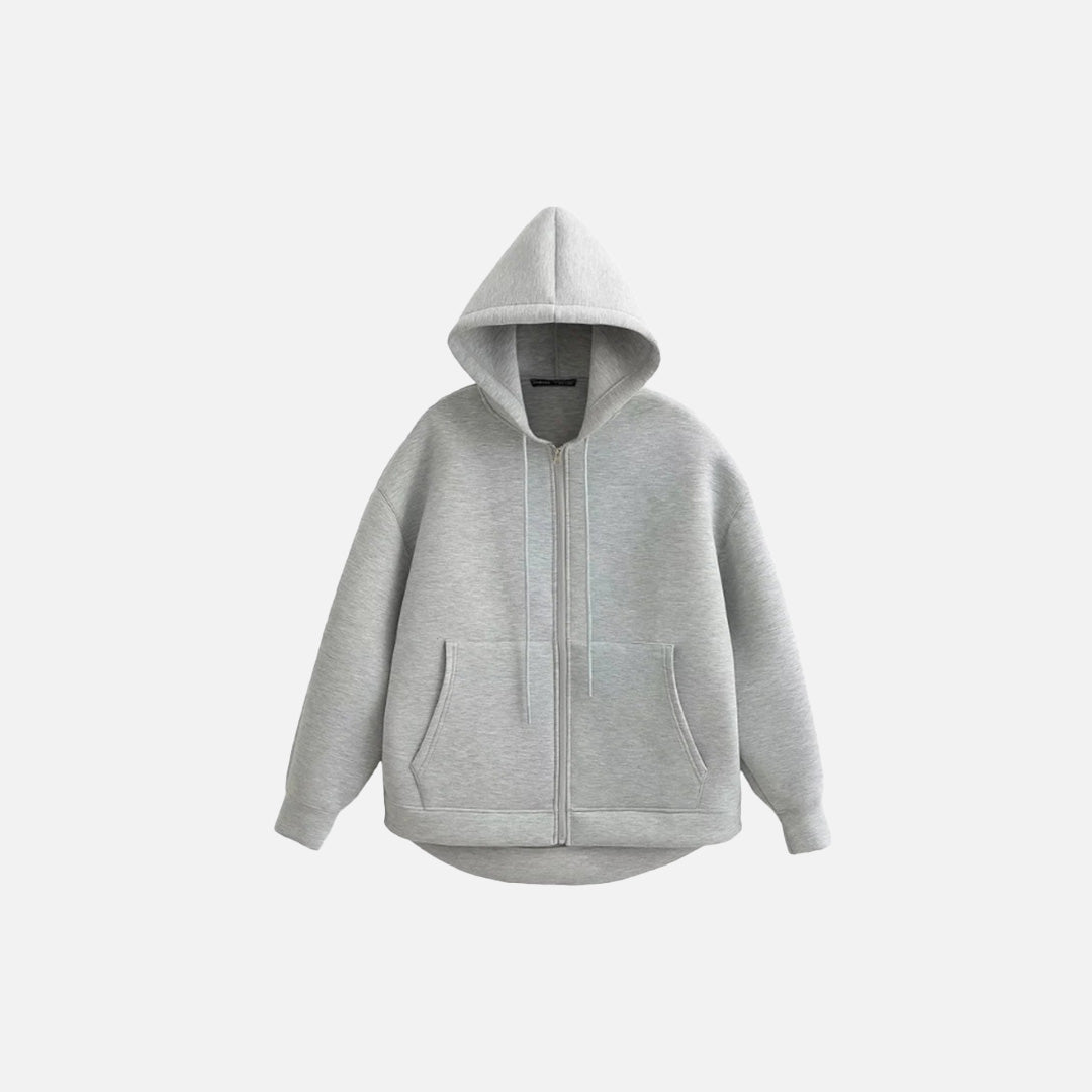 Front view of the gray Classic Zip-Up Hoodie in a gray background