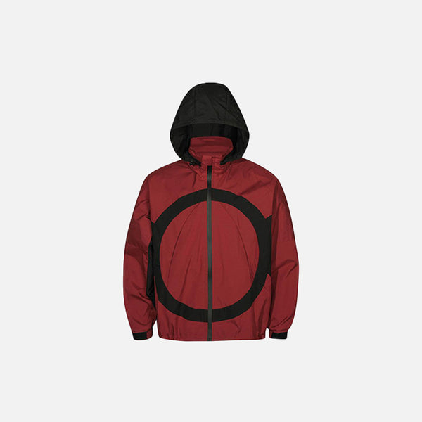 Front view of the red hooded Circle Tech Windbreaker Jacket in a gray background