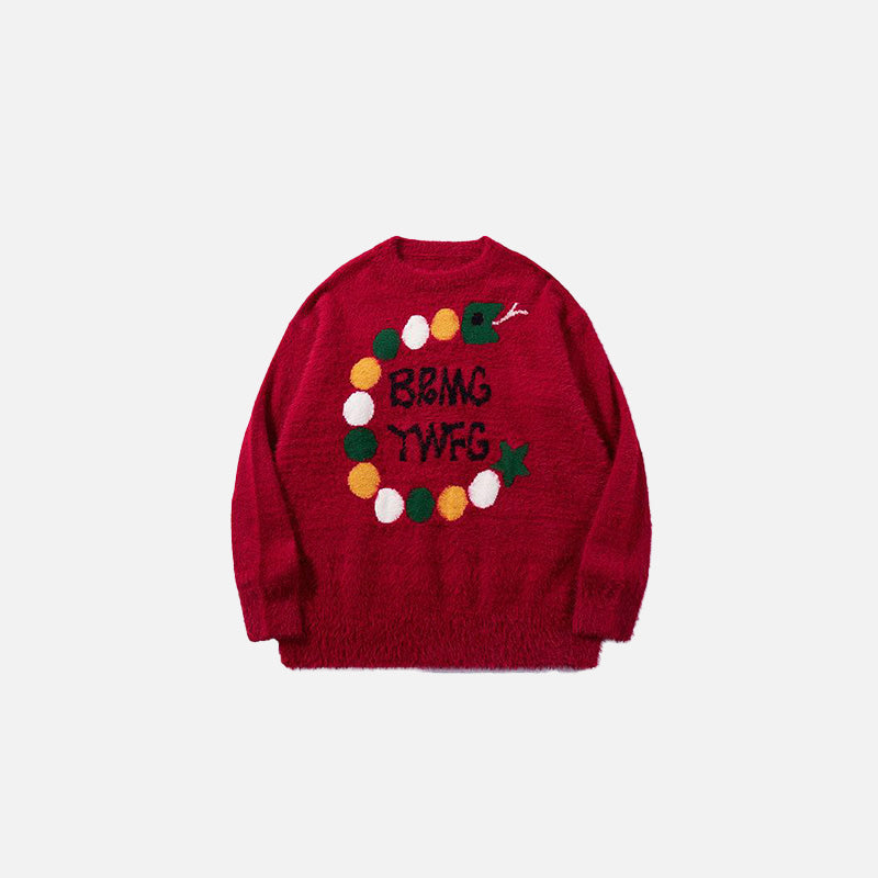 Front view of the red Lettered Wreath Sweater in a gray background