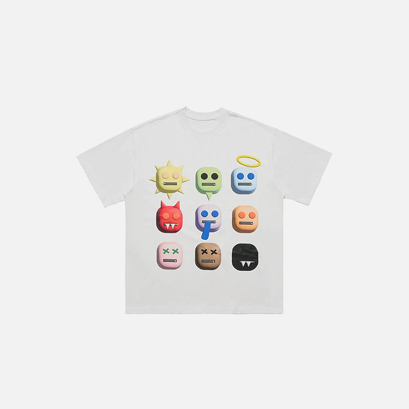 Front view of the white Faces Of Expression T-shirt in a gray background